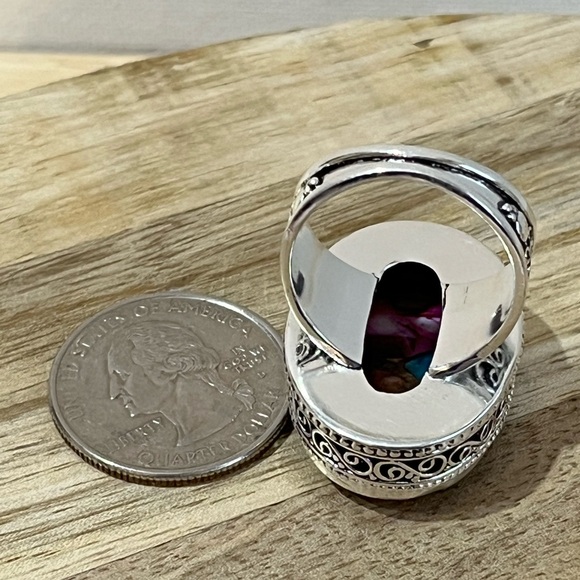 PINK DAHLIA TURQUOISE 925 SILVER OVERLAY GEMSTONE RING SIZE 10 - Picture 4 of 8
